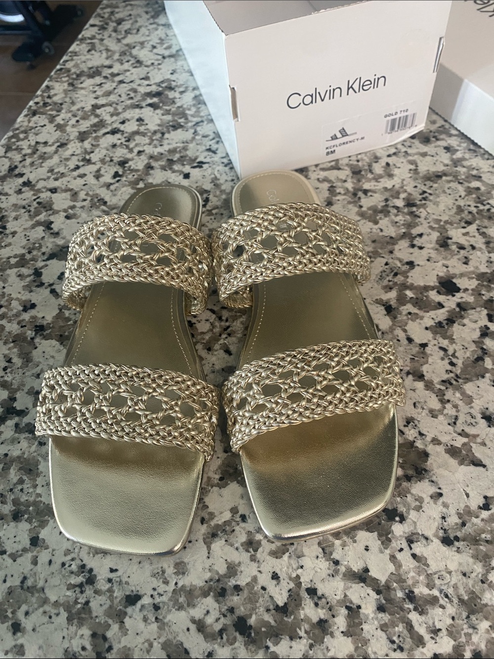 Calvin Klein Metallic Gold Braided Double-Strap Slide Sandals